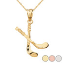 Hockey Sticks 3D Pendant Necklace in Solid Gold (Yellow/Rose/White)