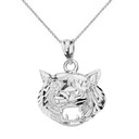 Sterling Silver Diamond Cut Roaring Tiger Head Pendant Necklace