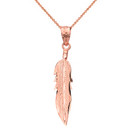 Solid Rose Gold Diamond Cut Boho Feather Pendant Necklace