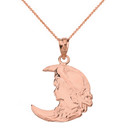 Art Nouveau Lady in Crescent Moon Pendant Necklace in Solid Gold (Yellow/Rose/White)