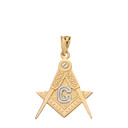 Two Tone Yellow Gold Freemason Square & Compass Masonic Pendant