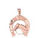 Sparkle Cut Equestrian Horseshoe and Horse Pendant Necklace in Solid Gold (Yellow/Rose/White)