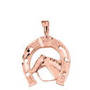 Solid Rose Gold Sparkle Cut Equestrian Horseshoe and Horse Pendant Necklace
