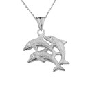 Textured White Gold Three Diamond Dolphins Pendant Necklace