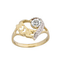 Gold Personalized "Mom" Solitaire  Open Heart Ring With CZ Birthstone (Available in Yellow/Rose/White Gold)