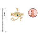 Yellow Gold Diamond Studded Egyptian Eye of Horus Wadjat Genuine Blue Sapphire Pendant with measurements