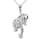 Solid White Gold Sparkle Cut Tiger Pendant Necklace