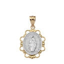 Solid Two Tone Yellow Gold Miraculous Medal of Our Lady of Graces Pendant Necklace (Small)