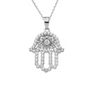 White Gold Studded Hamsa Hand Diamond & White Topaz Evil Eye Filigree Pendant Necklace