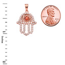 Rose Gold Studded Hamsa Hand Genuine Garnet Evil Eye Filigree Pendant Necklace with measurements