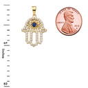 Yellow Gold Studded Hamsa Hand Diamond & Blue Sapphire Evil Eye Filigree Pendant Necklace with measurements