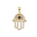 Yellow Gold Studded Hamsa Hand Diamond & Blue Sapphire Evil Eye Filigree Pendant