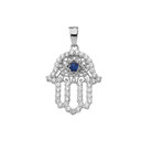 White Gold Studded Hamsa Hand Blue Sapphire Evil Eye Filigree Pendant