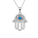 White Gold Studded Hamsa Hand Diamond & Turquoise Evil Eye Filigree Pendant Necklace