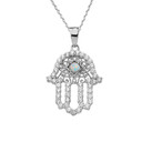 White Gold Studded Hamsa Hand Opal Evil Eye Filigree Pendant Necklace