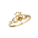 Gold Genuine Gemstone Solitaire & Promise Open Heart Rope Claddagh Ring (Available in Yellow/Rose/White Gold)