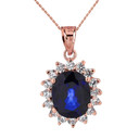 Princess Diana Inspired Halo LC Sapphire & Cubic Zirconia Pendant Necklace in Rose Gold