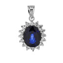 Princess Diana Inspired Halo LC Sapphire & Cubic Zirconia Pendant Necklace in White Gold