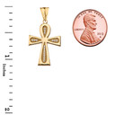 Yellow Gold Diamond Egyptian Ankh Cross Textured Pendant with Measurement