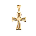 Yellow Gold Diamond Egyptian Ankh Cross Textured Pendant