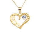 March Aquamarine (LC) 'MOM' Heart Pendant Necklace in Yellow Gold