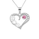 October Pink CZ 'MOM' Heart Pendant Necklace in White Gold