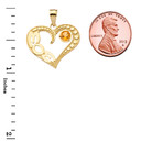 November Citrine (LC) 'MOM' Heart Pendant Necklace in Yellow Gold