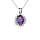 Diana Inspired Halo Personalized Semi Precious Birthstone & Diamond Pendant Necklace in White Gold