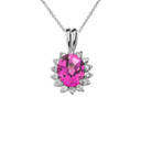 Princess Diana Inspired Halo Personalized (LC) Birthstone & Diamond Pendant Necklace in White Gold