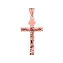 Hammered Crucifix Cross Pendant Necklace in Rose Gold