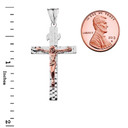 Hammered Crucifix Cross Pendant Necklace in Two Tone White Gold