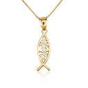 Solid Gold ichthus (ichthys) Greek Jesus Fish Pendant Necklace(Available In Yellow/Rose/White Gold)