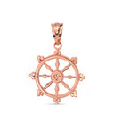 Buddhism Dharmachakra Dharma Wheel Pendant Necklace in Solid Gold (Yellow/Rose/White)