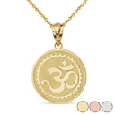 Hindu Spiritual Symbol Om Yoga Disc Pendant Necklace in Solid Gold (Yellow/Rose/White)