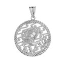 Honu Sea Turtle On Seashore in Rope Pendant Necklace in Sterling Silver