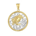 Honu Sea Turtle On Seashore in Rope Pendant Necklace in Two-Tone Yellow Gold