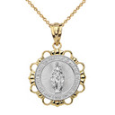 Solid Two Tone Yellow Gold Round Saint Mary Pendant Necklace