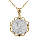 Solid Two Tone Yellow Gold Round Saint Michael Pendant Necklace