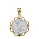 Solid Two Tone Yellow Gold Round Saint Michael Pendant Necklace