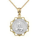 Solid Two Tone Yellow Gold Round Sacred Heart Pendant Necklace