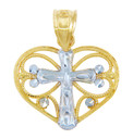 Gold Pendants - Two Tone Gold Heart Pendant with White Gold Cross