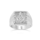 White Gold Textured Freemason Square & Compass Square Signet Ring