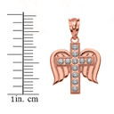 Solid Rose Gold Diamond Cross with Angel Wings Pendant Necklace