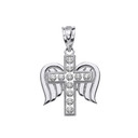 Solid White Gold Diamond Cross with Angel Wings Pendant Necklace