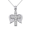 Solid White Gold Diamond Cross with Angel Wings Pendant Necklace