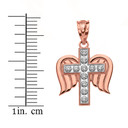 Solid Two Tone Rose Yellow Gold Diamond Cross with Angel Wings Pendant Necklace