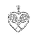 Detailed Tennis Rackets in Heart Pendant Necklace in White Gold