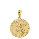 Engravable Saint Michael Pray For Us Circle Pendant Necklace in Gold (Available In Yellow/Rose/White/Two Tone Gold)