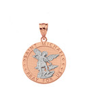 Solid Two Tone Rose Gold Engravable Saint Michael Pray For Us Circle Pendant Necklace