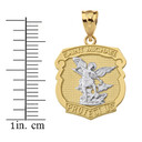 Solid Two Tone Yellow Gold Saint Michael Protect Us Shield Pendant Necklace